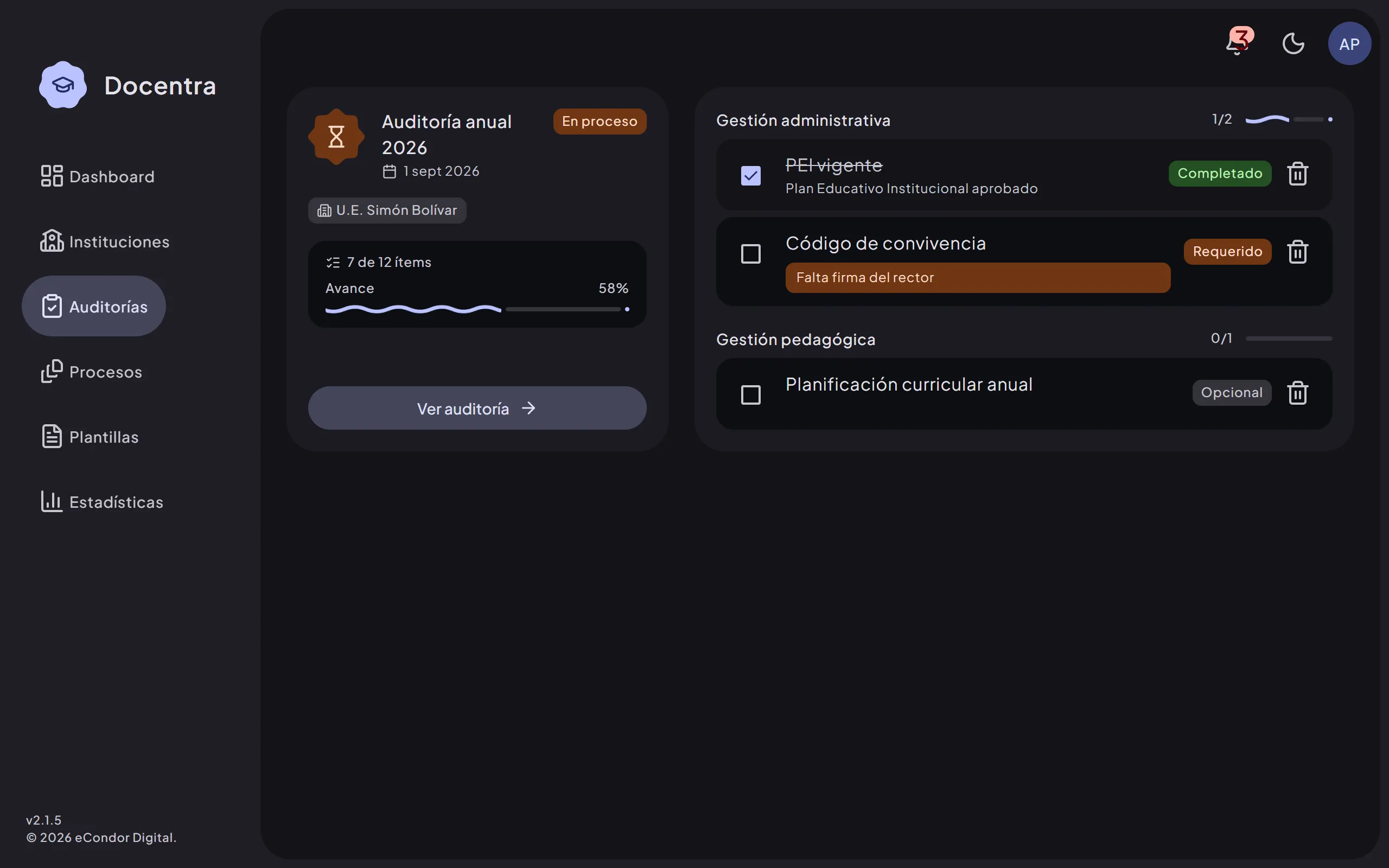 Pantalla de auditorías en Docentra