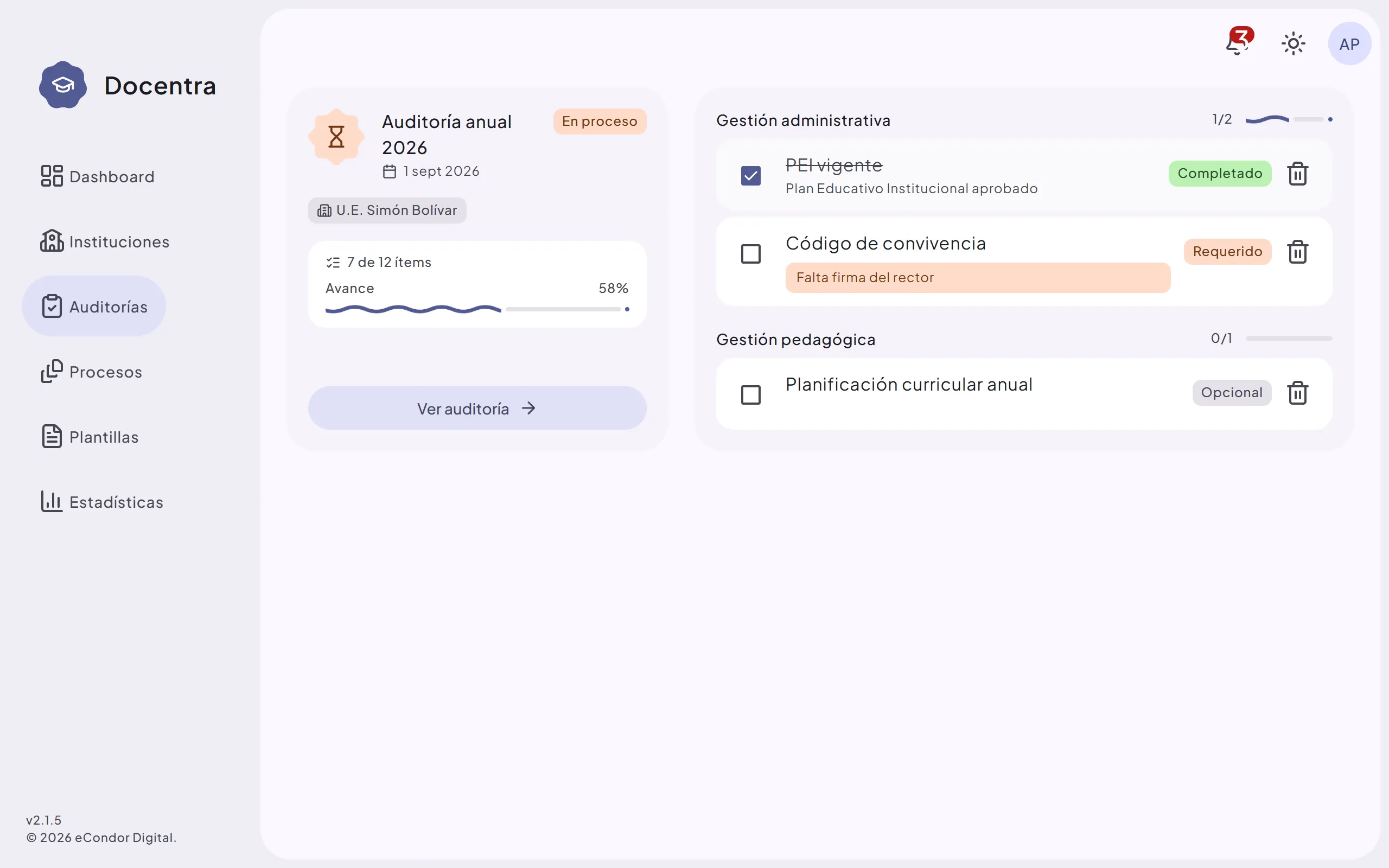 Pantalla de auditorías en Docentra