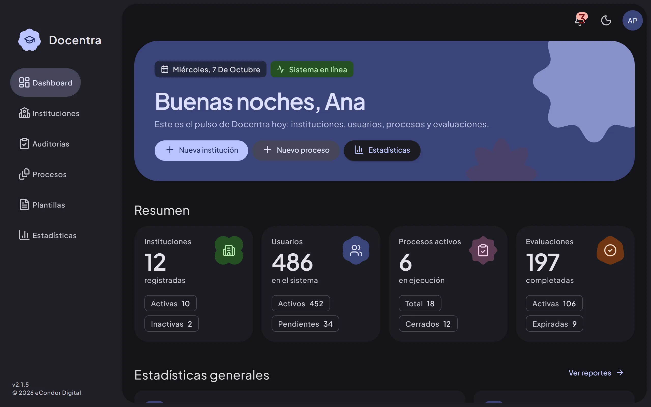 Panel administrativo de Docentra con el avance de los procesos de evaluación