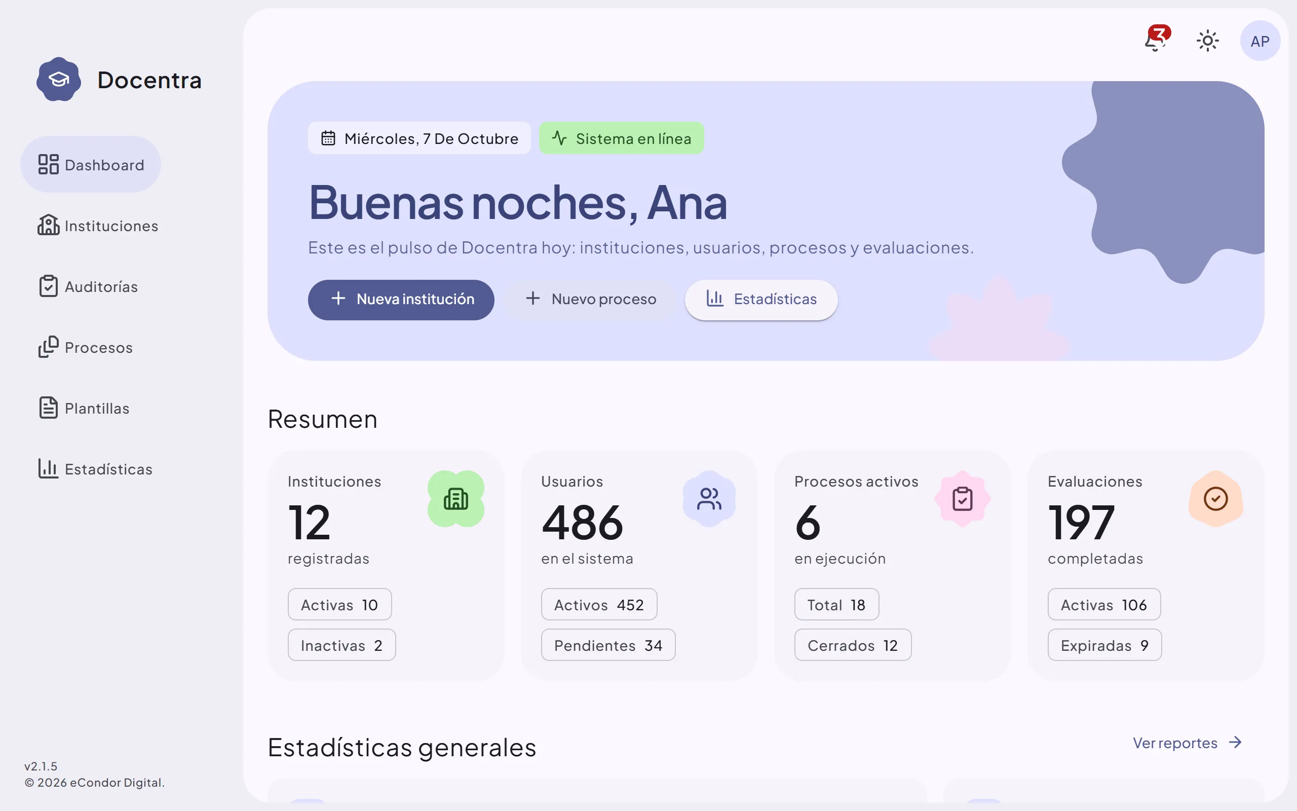 Panel administrativo de Docentra con el avance de los procesos de evaluación