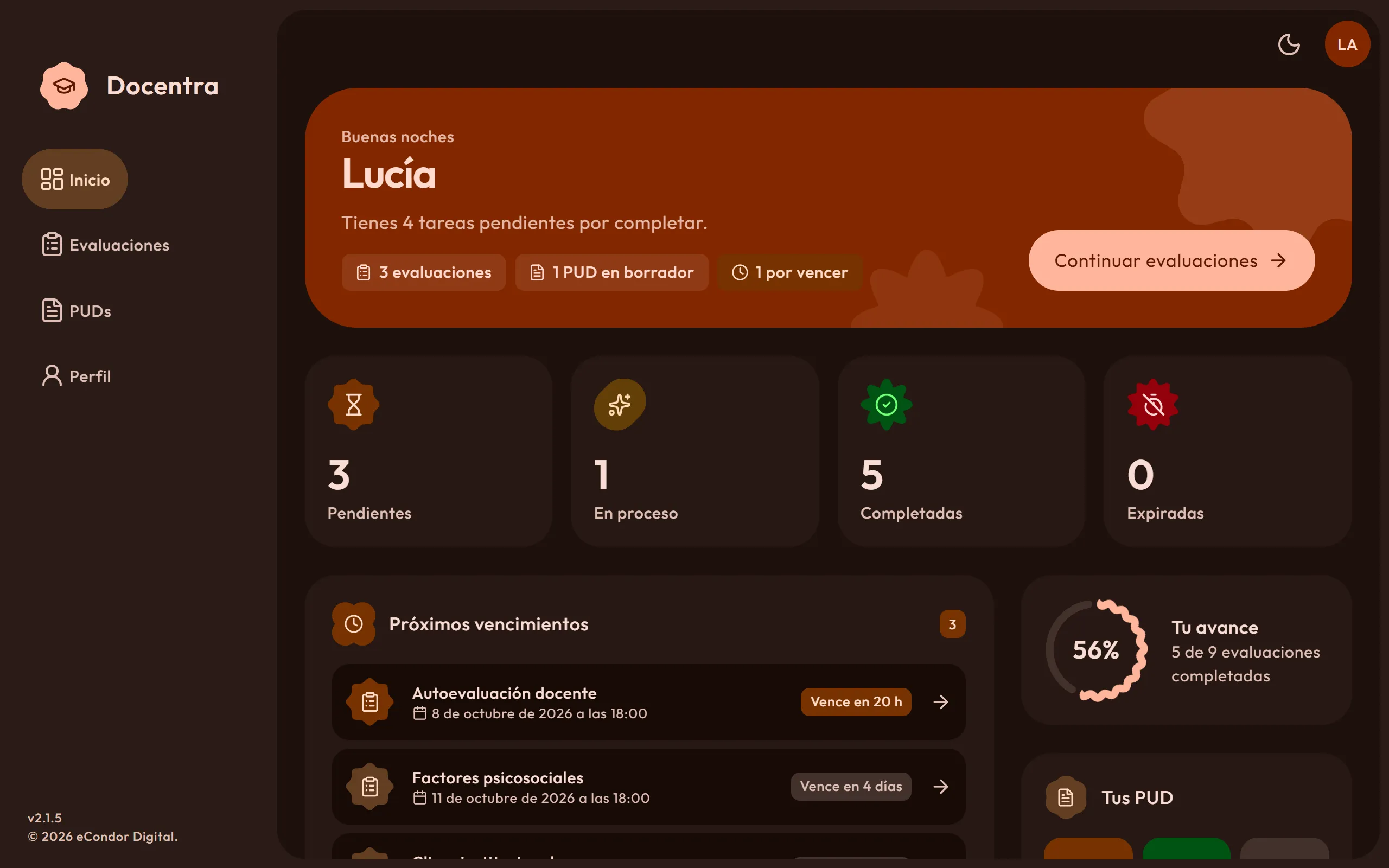 Pantalla de pud para docentes en Docentra