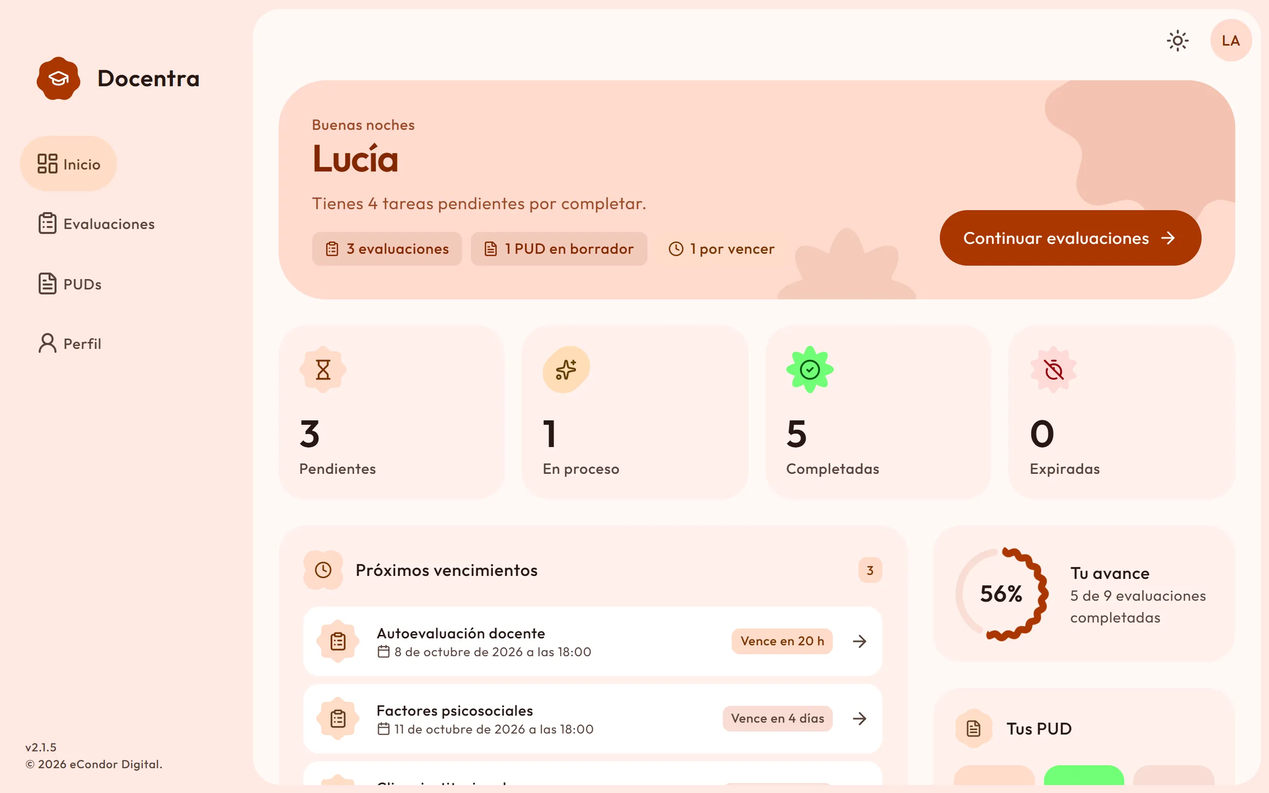 Pantalla de pud para docentes en Docentra