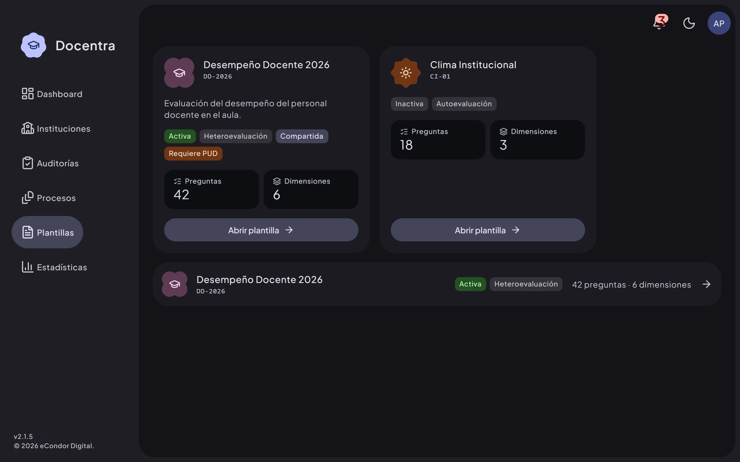 Pantalla de plantillas de formularios en Docentra