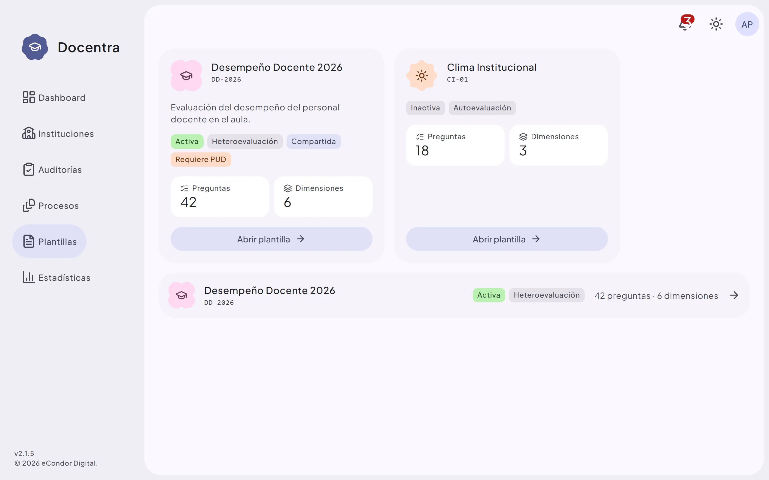 Pantalla de plantillas de formularios en Docentra