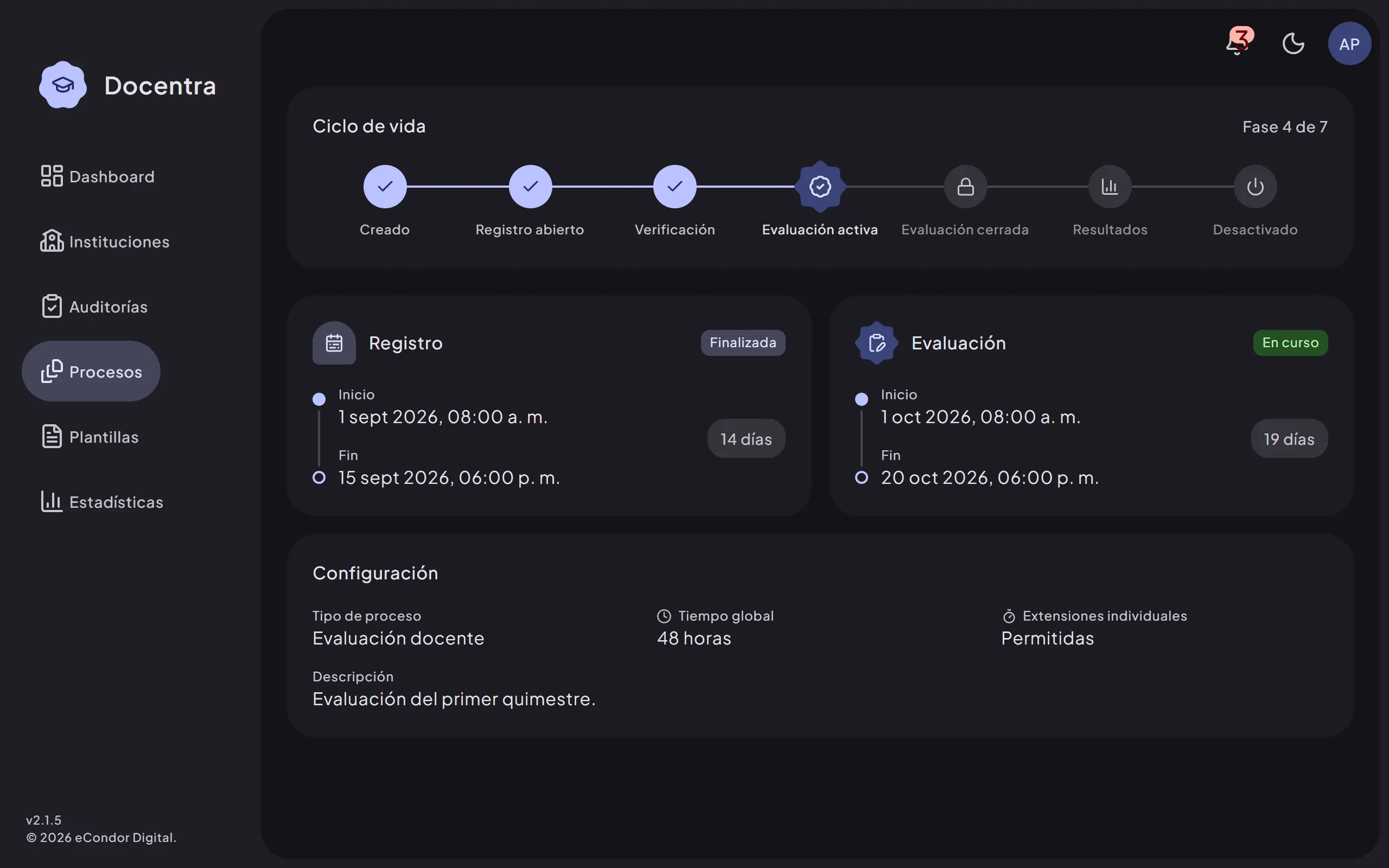 Pantalla de procesos de evaluación en Docentra