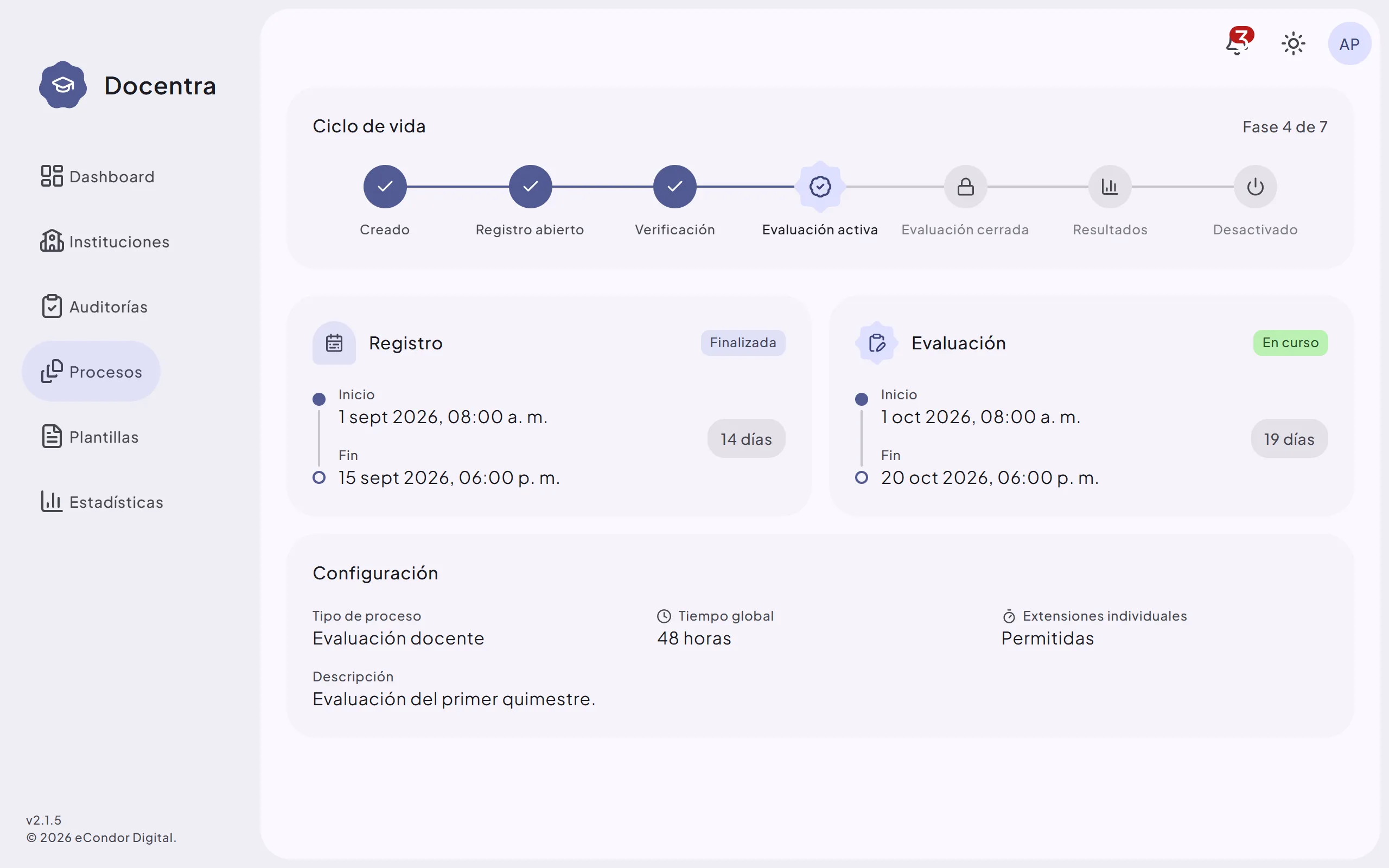 Pantalla de procesos de evaluación en Docentra